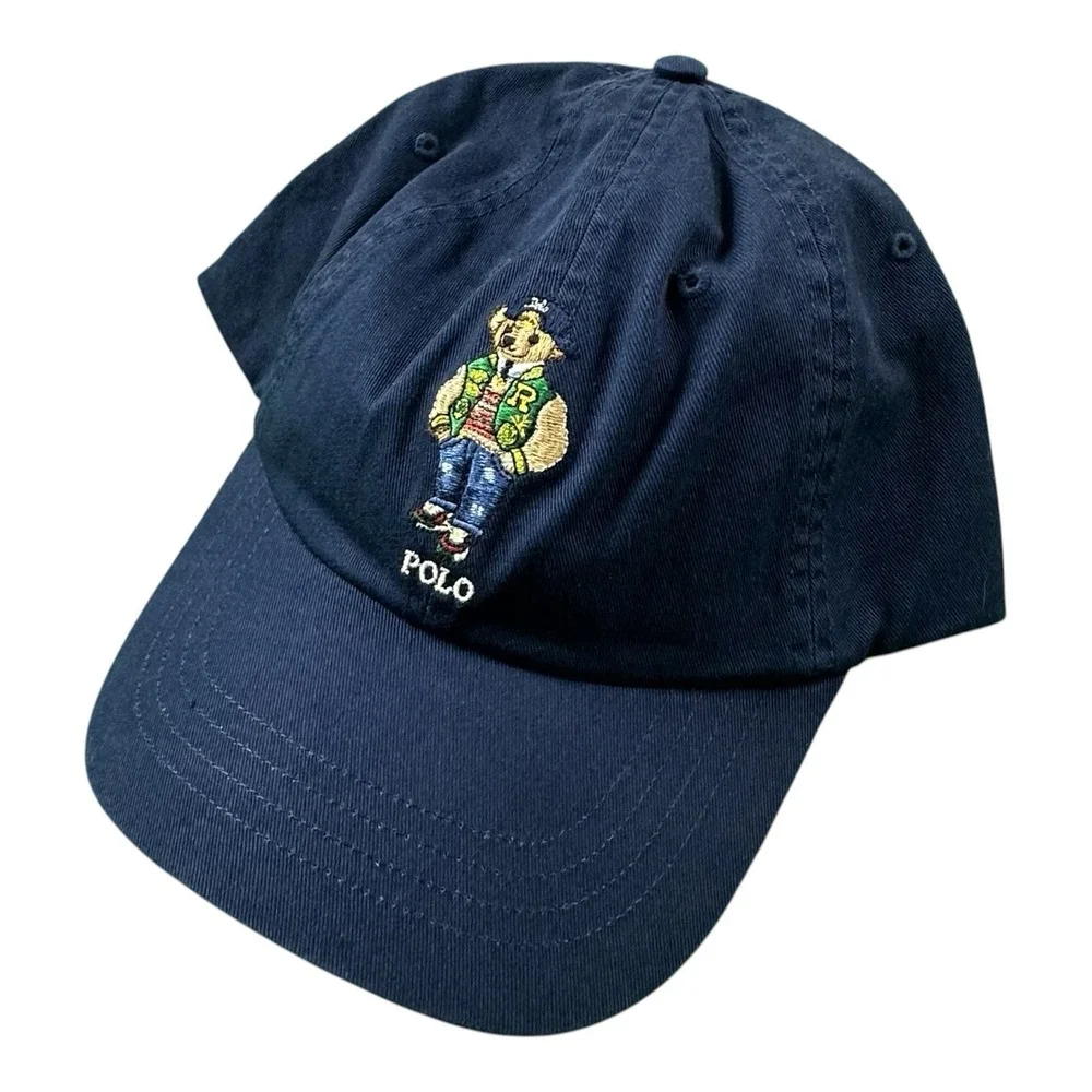 Polo Ralph Lauren Blue Dapper Polo Bear Mens Leather Strapback Baseball Cap NWT